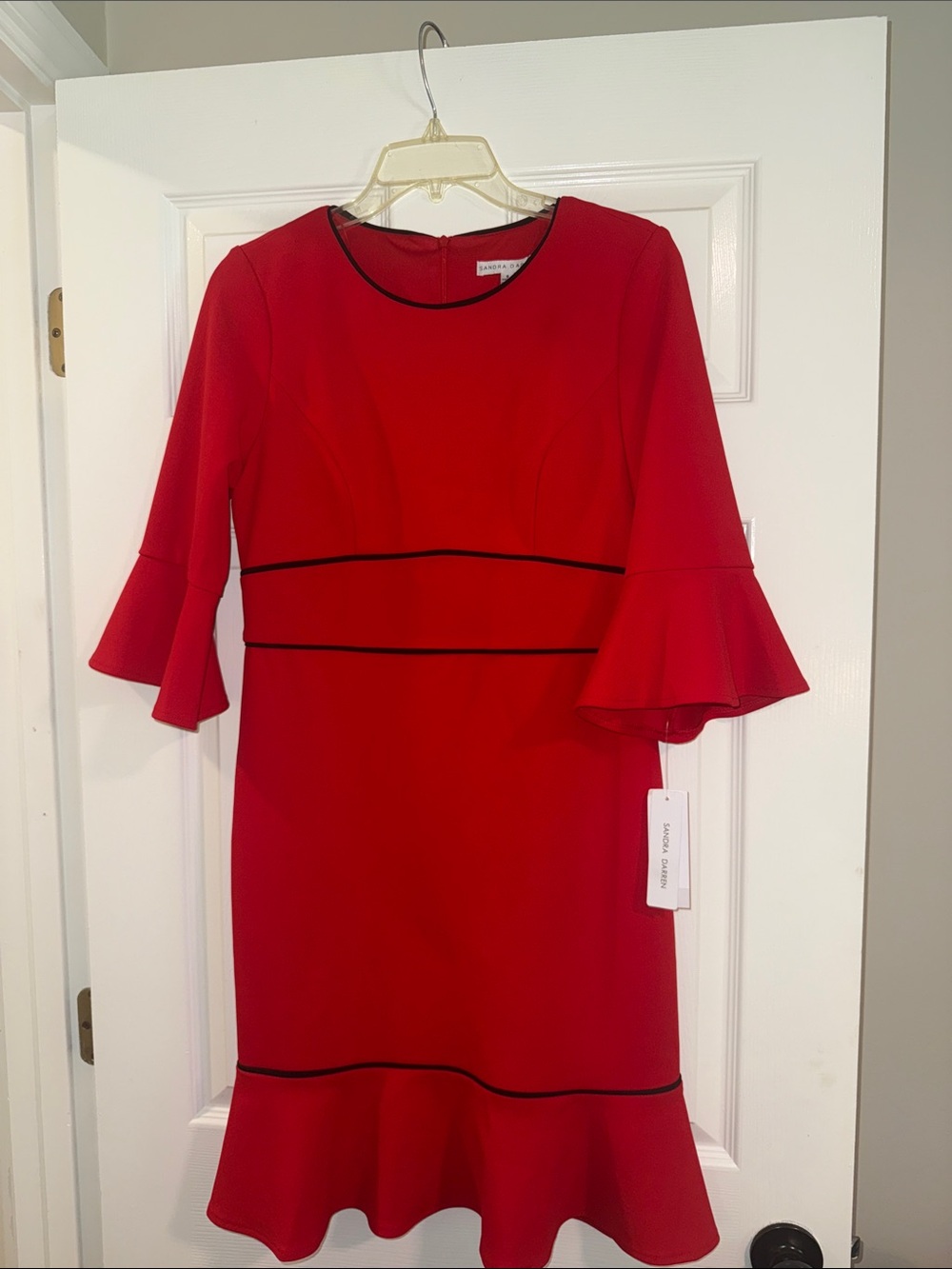 Sandra Darren Red Ruffle-Sleeve Sheath Dress with Black Piping